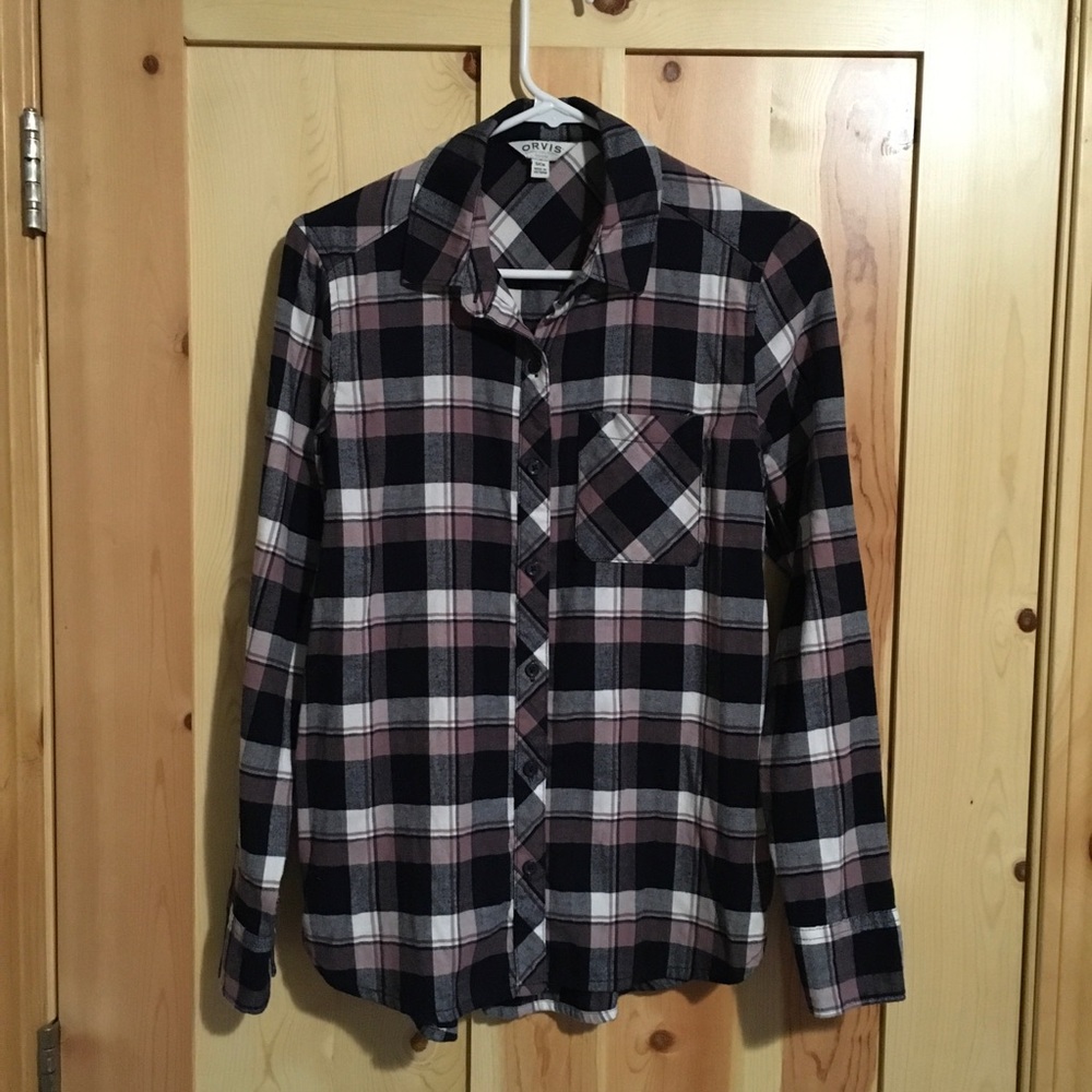 Orvis Black and Pink Purple Plaid Flannel Button Down Shirt Size Small